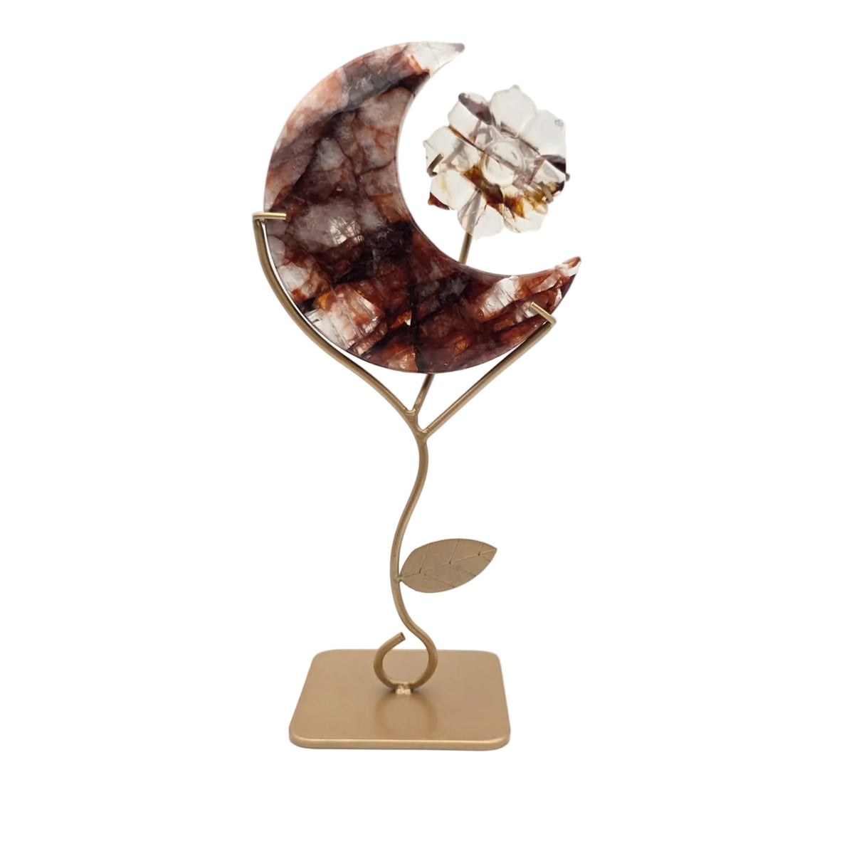 Feuerquarz Mond mit Blume auf Metallständer
