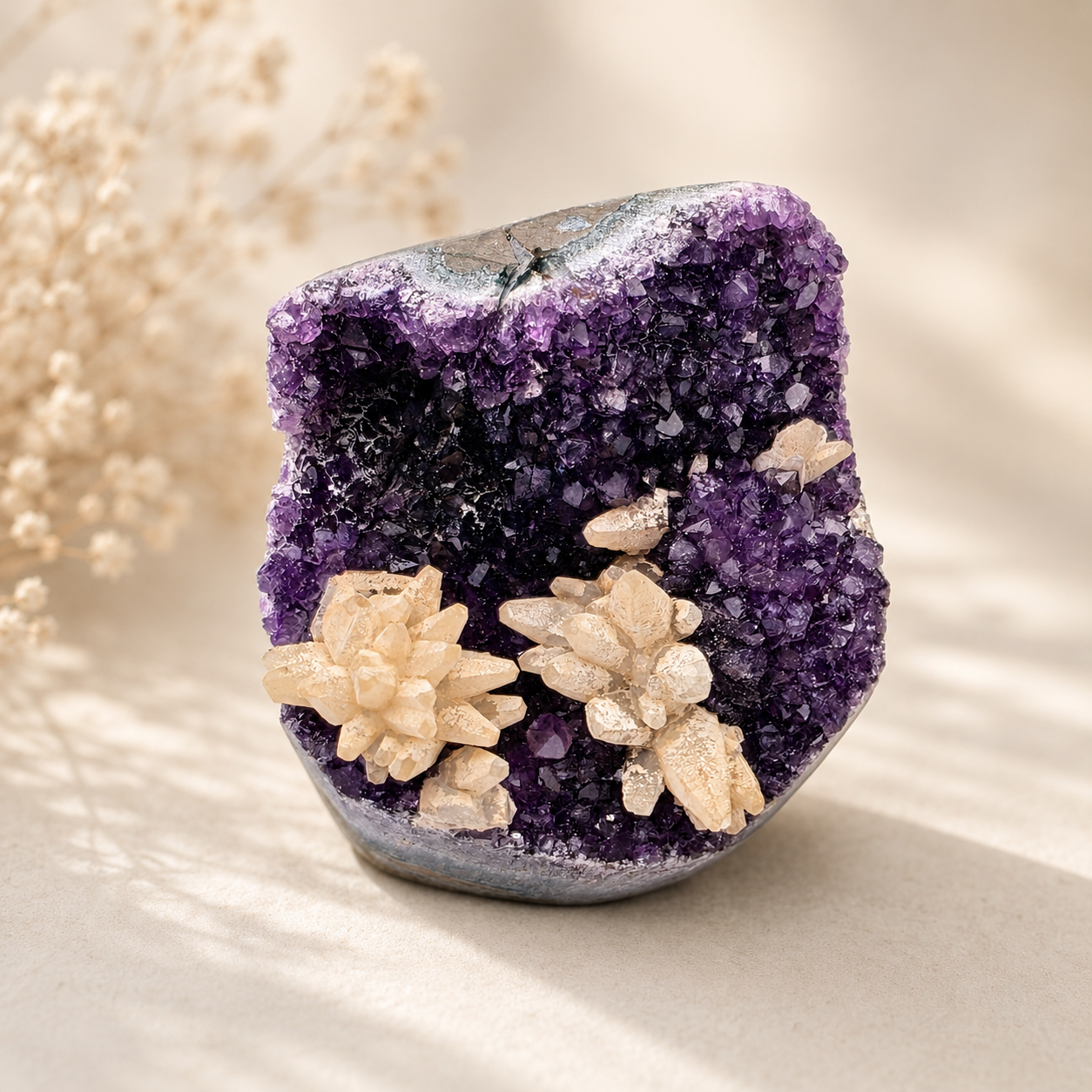 Amethyst-Druse mit Calcit-Blüten