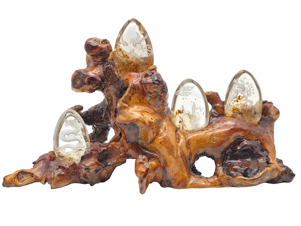 Teak Holz mit 4 Gartenquarz Kristalleiern