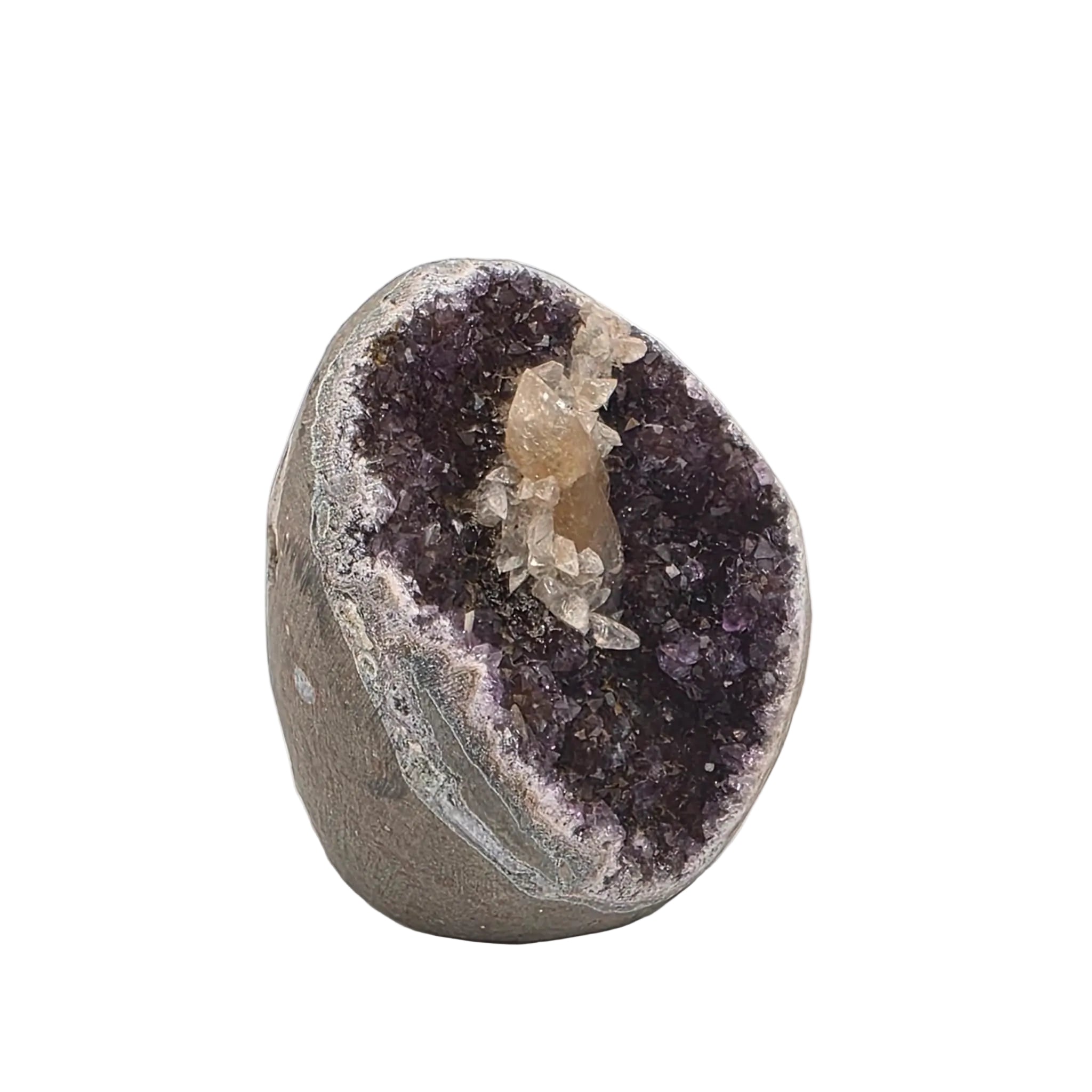 Amethyst-Druse mit Calcit-Kristall