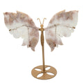 Pinker Blumenachat-Schmetterling auf Metallständer – dekoratives Naturstein-Unikat