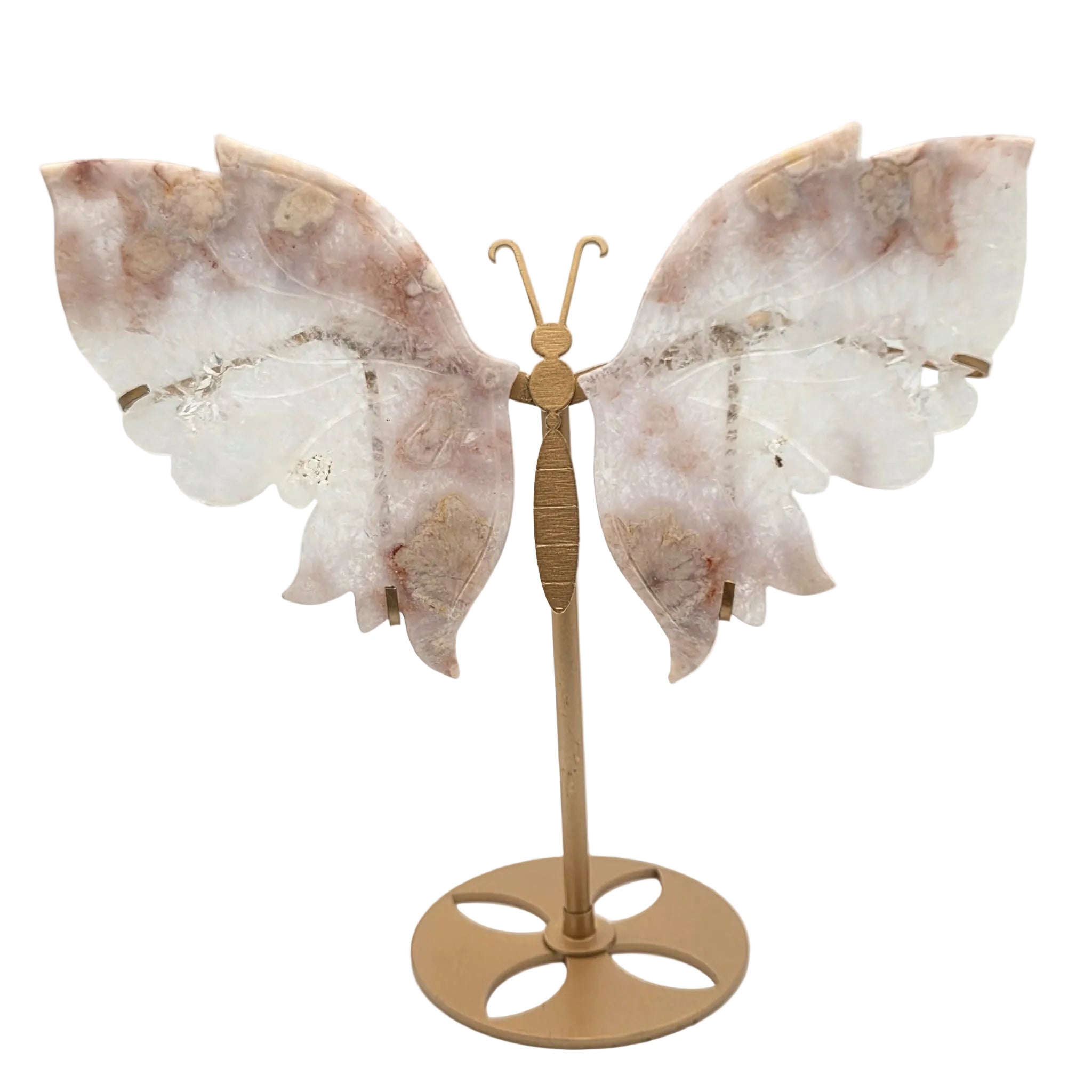 Pinker Blumenachat-Schmetterling auf Metallständer – dekoratives Naturstein-Unikat
