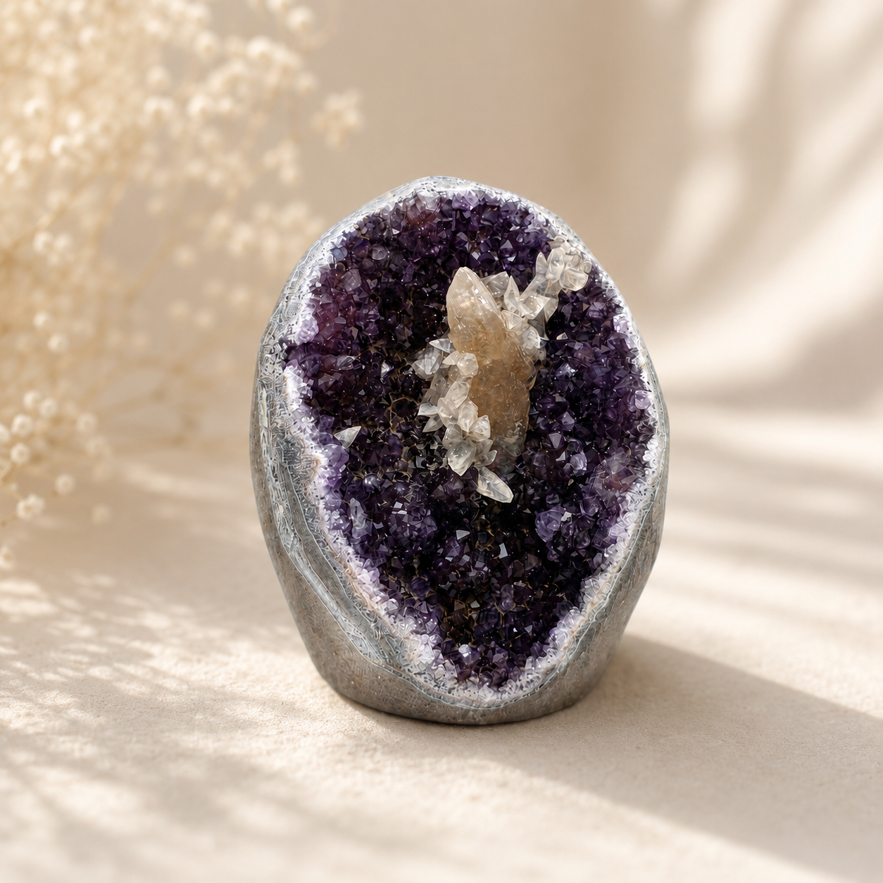 Amethyst-Druse mit Calcit-Kristall