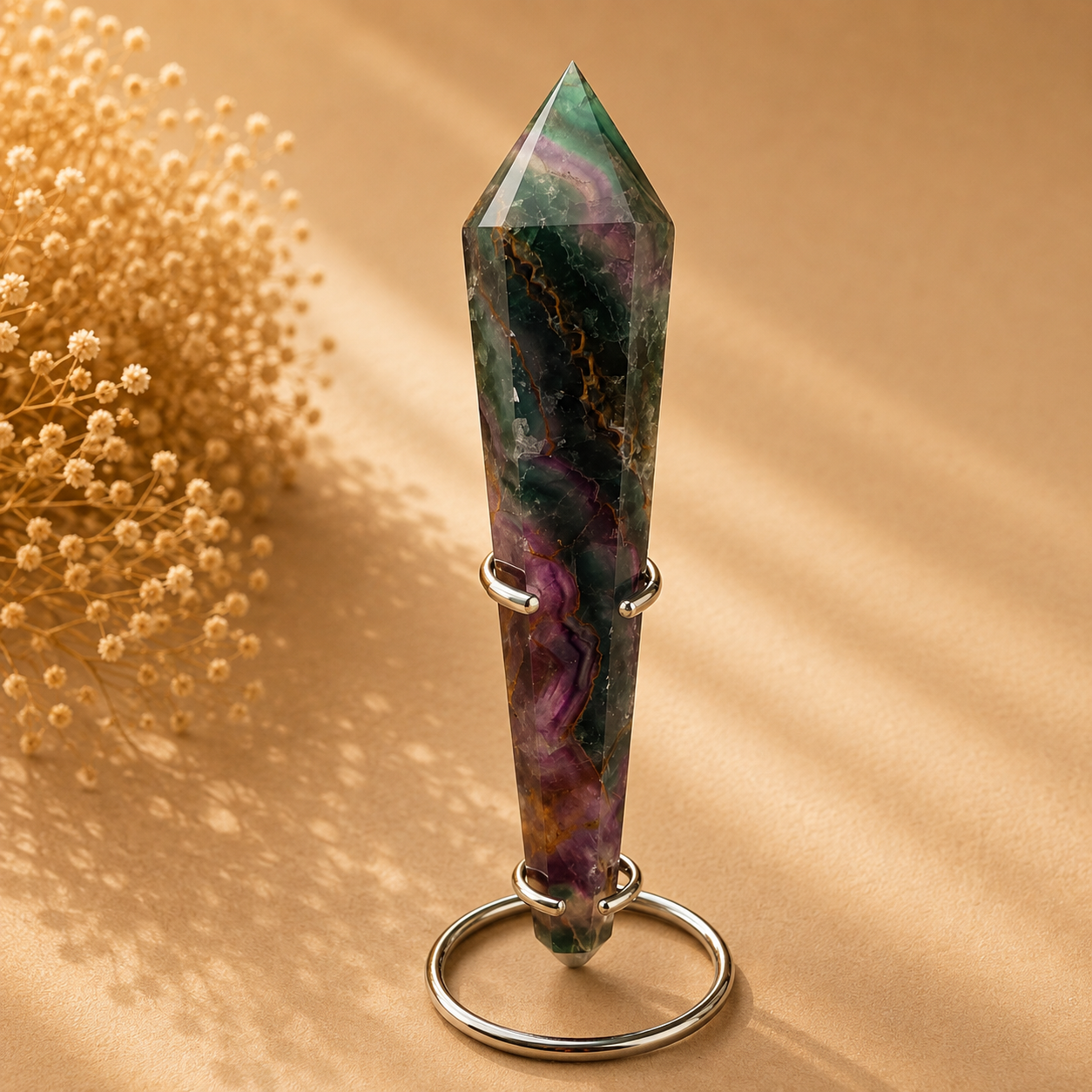 Regenbogenfluorit Spitze mit Metallständer