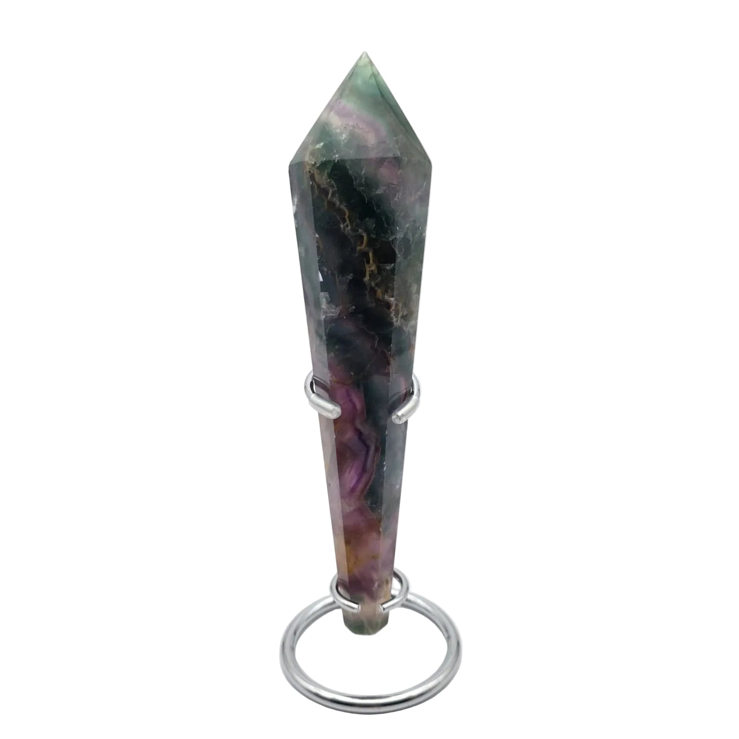 Regenbogenfluorit Spitze mit Metallständer