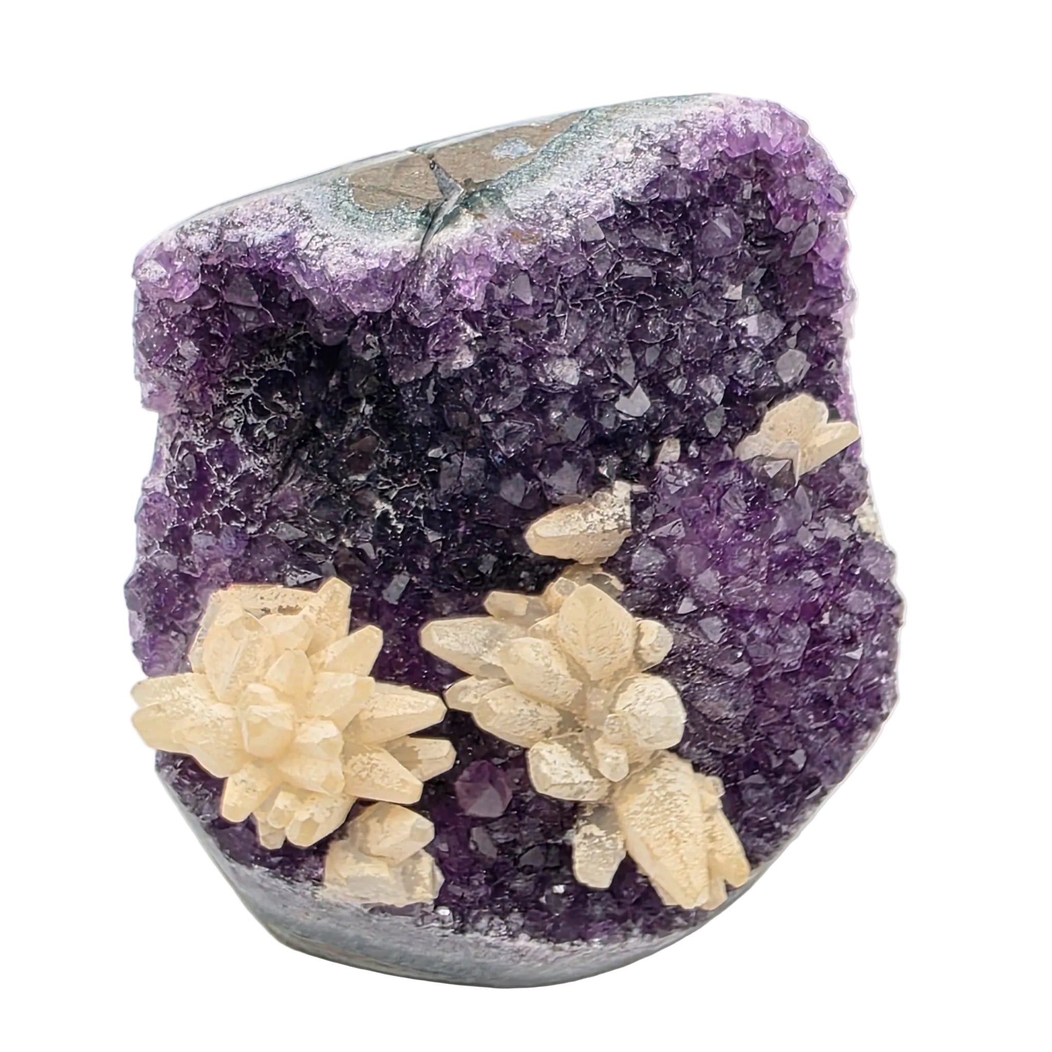 Amethyst-Druse mit Calcit-Blüten