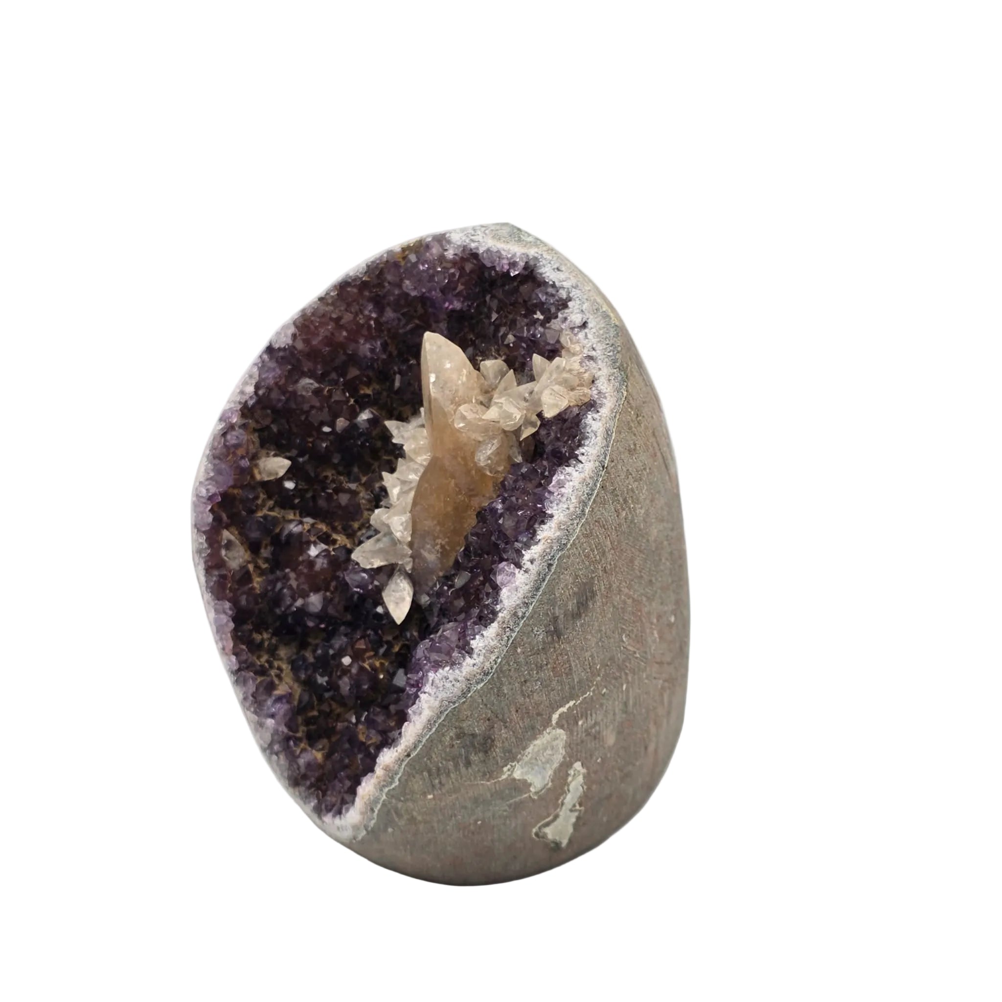 Amethyst-Druse mit Calcit-Kristall