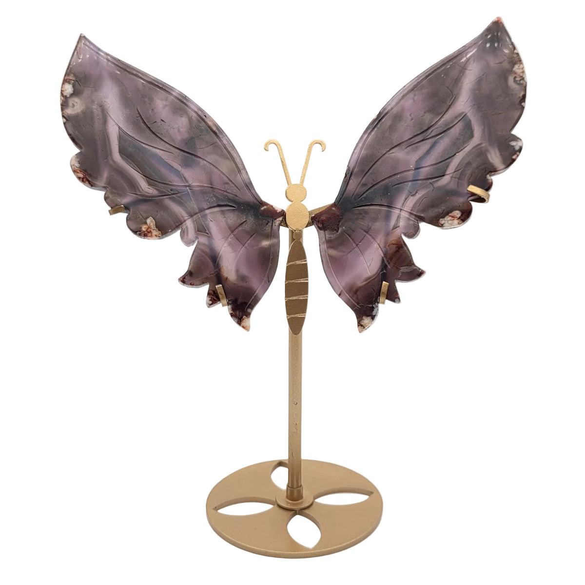 Blauer Blumenachat-Schmetterling auf Metallständer – dekoratives Naturstein-Unikat