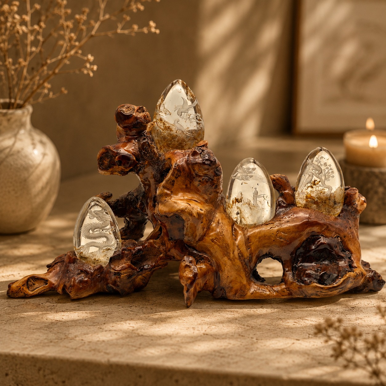 Teak Holz mit 4 Gartenquarz Kristalleiern