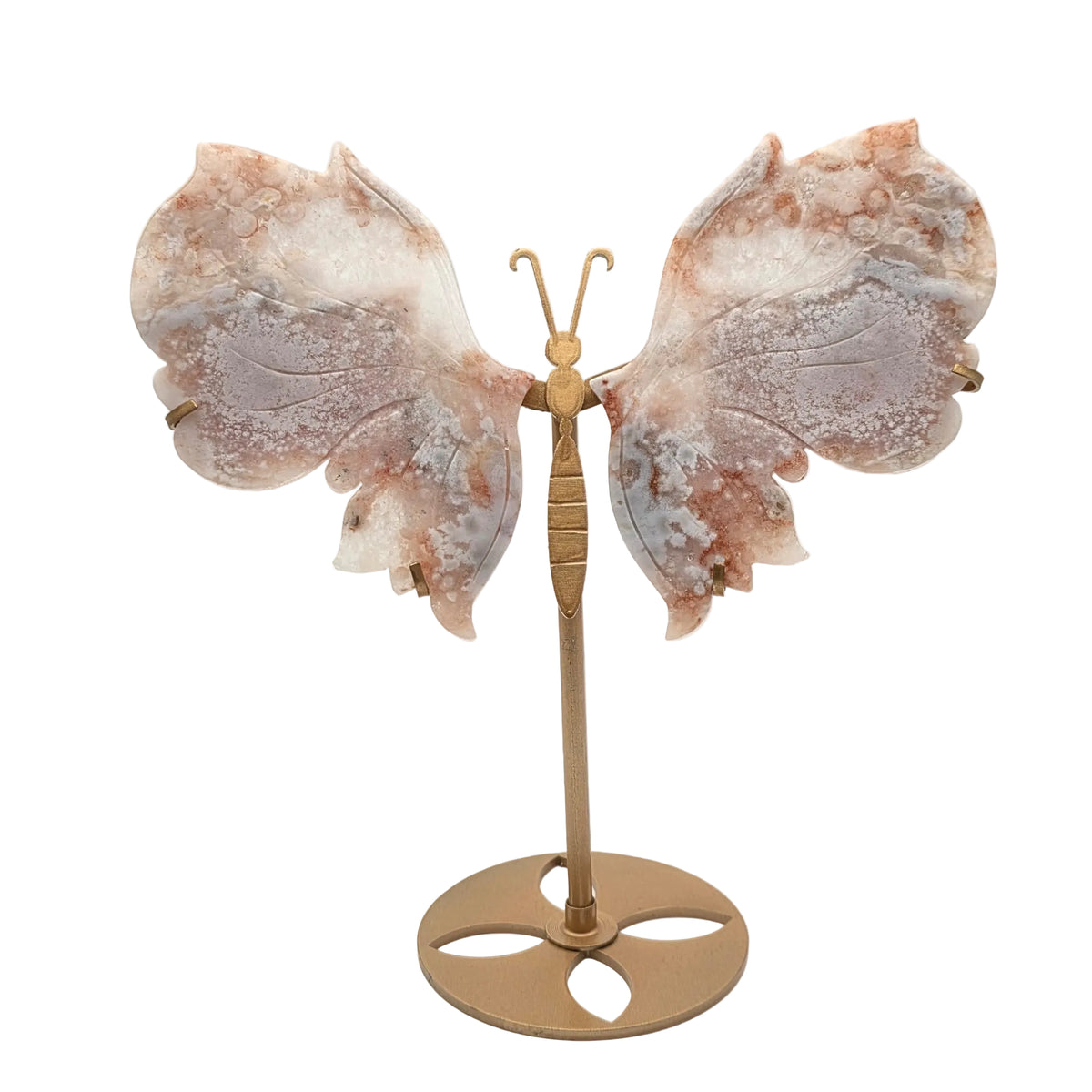 Pinker Blumenachat-Schmetterling auf Metallständer – dekoratives Naturstein-Unikat