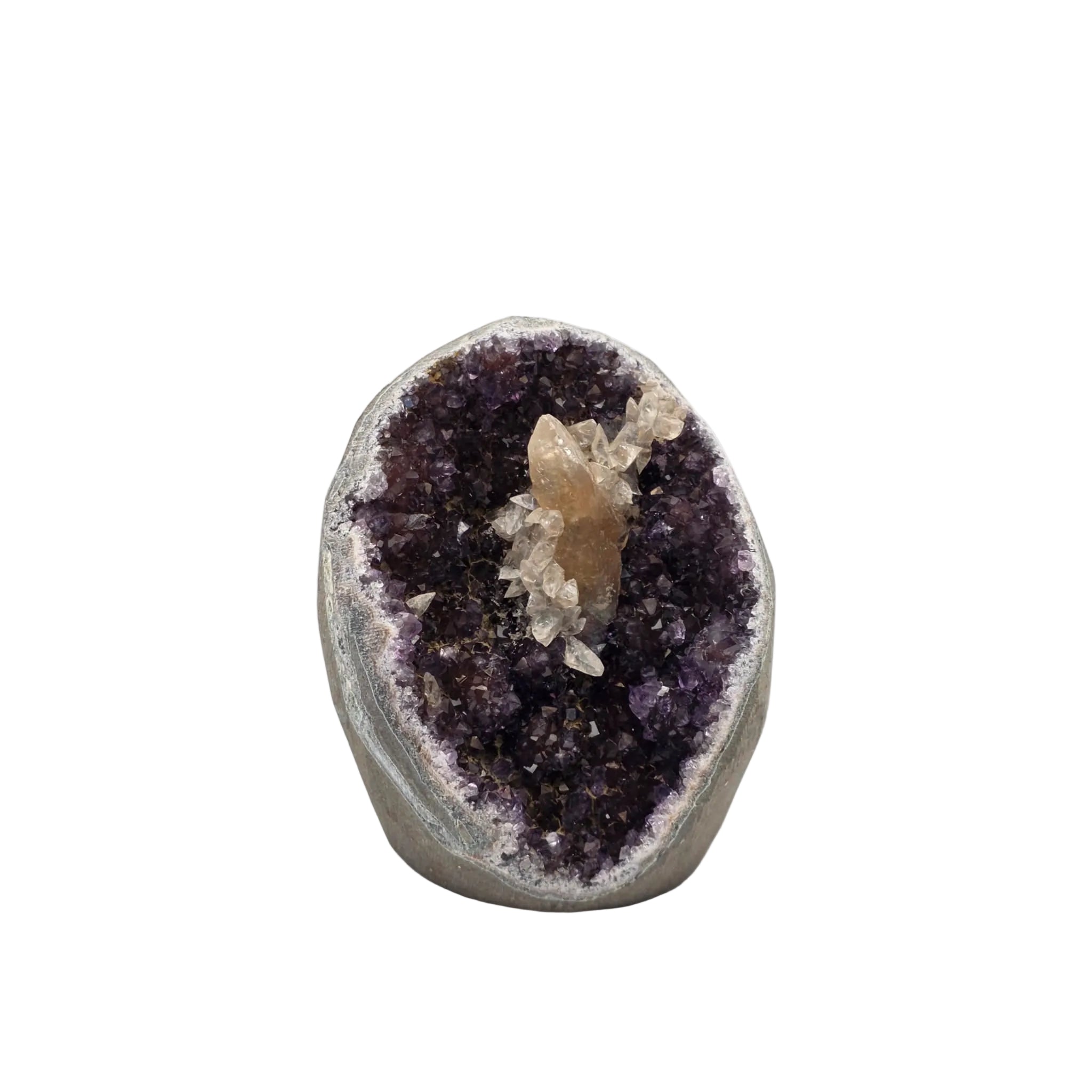 Amethyst-Druse mit Calcit-Kristall