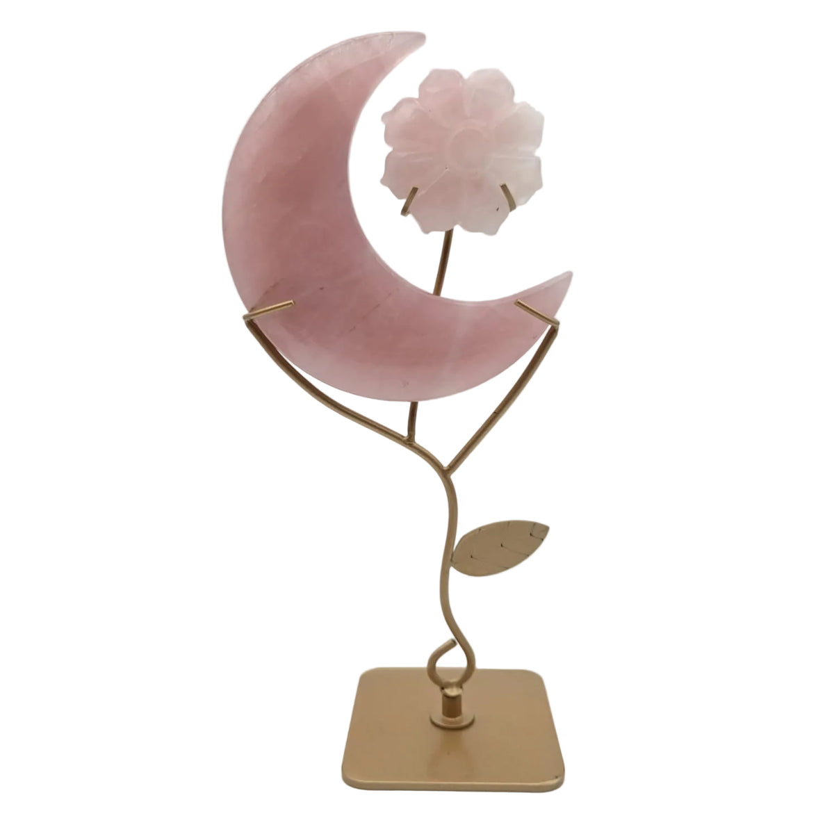 Rosenquarz Mond mit Blume auf Metallständer