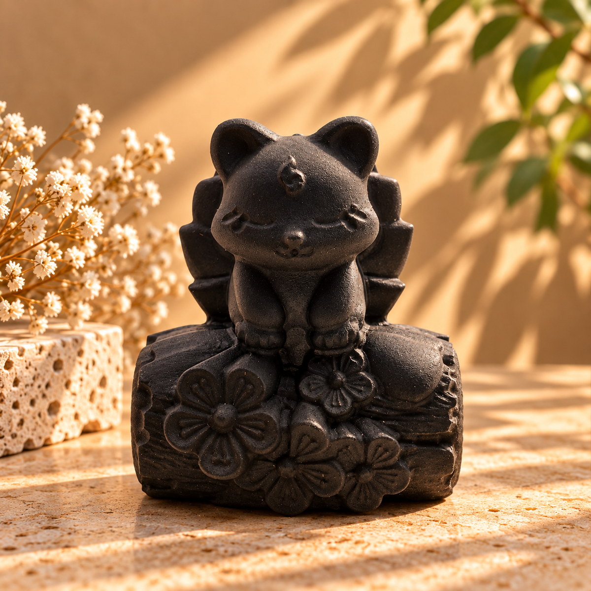 Obsidian Nine-Tailed Fox – Fuchsfigur aus echtem Naturstein