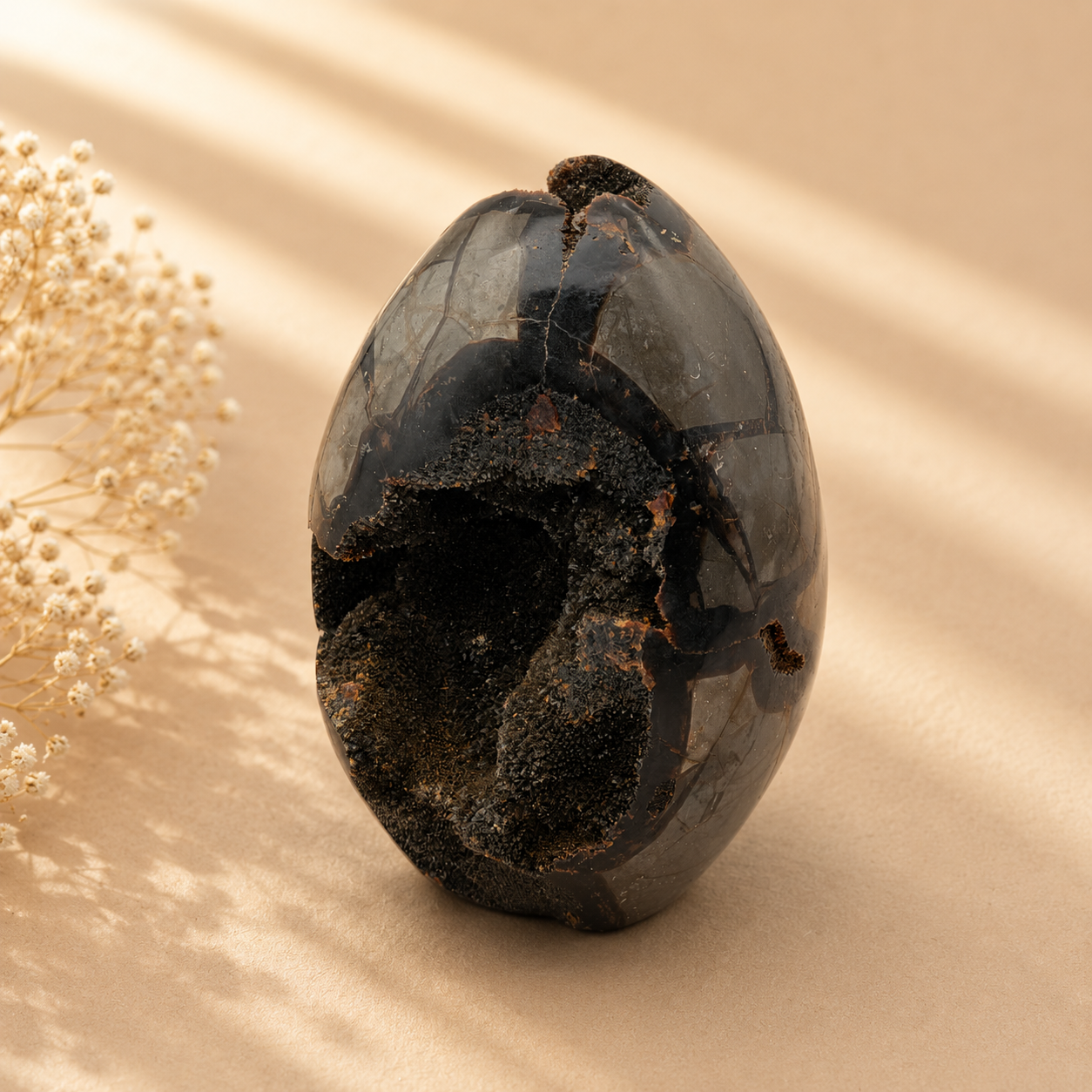 Schwarze Septarien Ei-Form – Naturstein Unikat