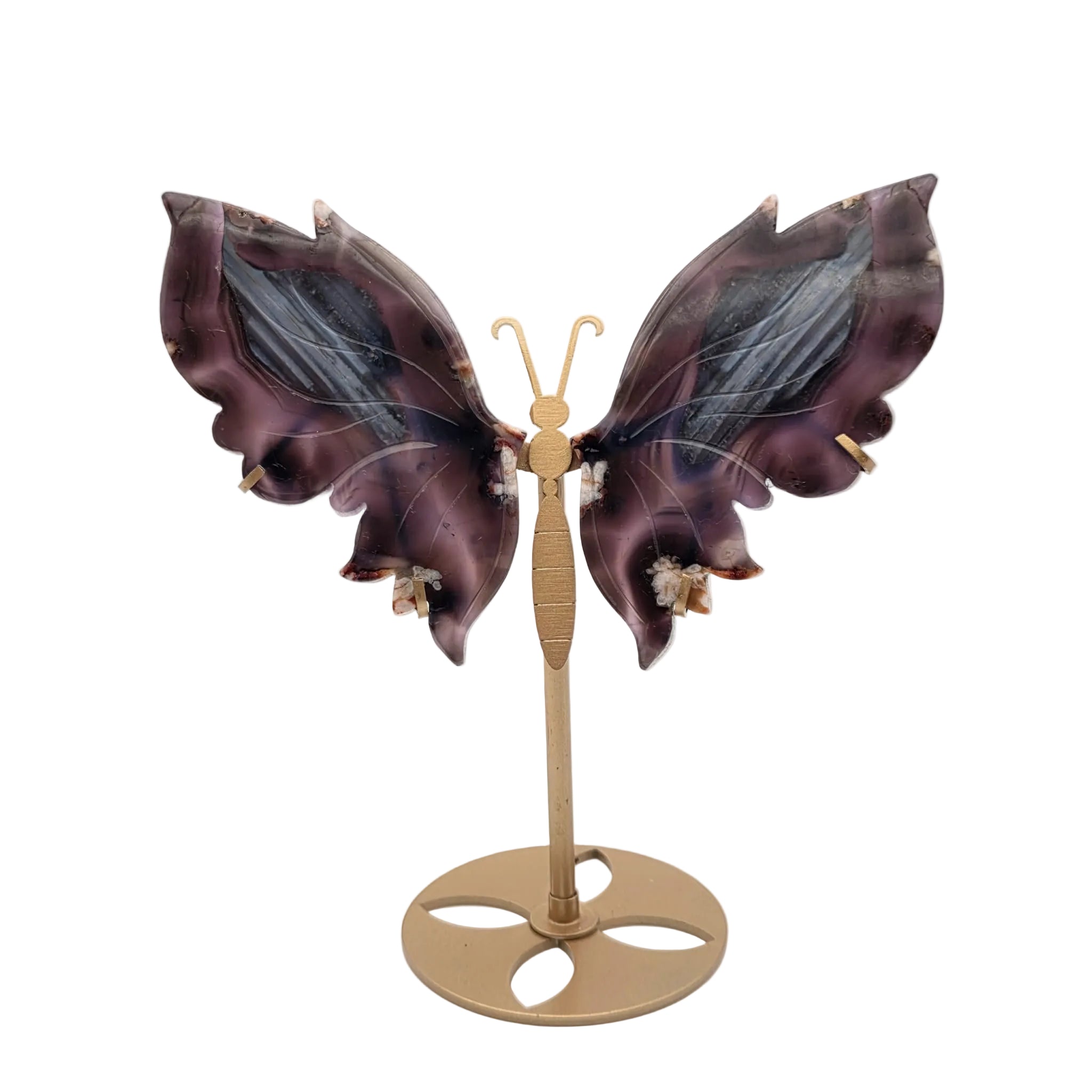 Blauer Blumenachat-Schmetterling auf Metallständer – dekoratives Naturstein-Unikat