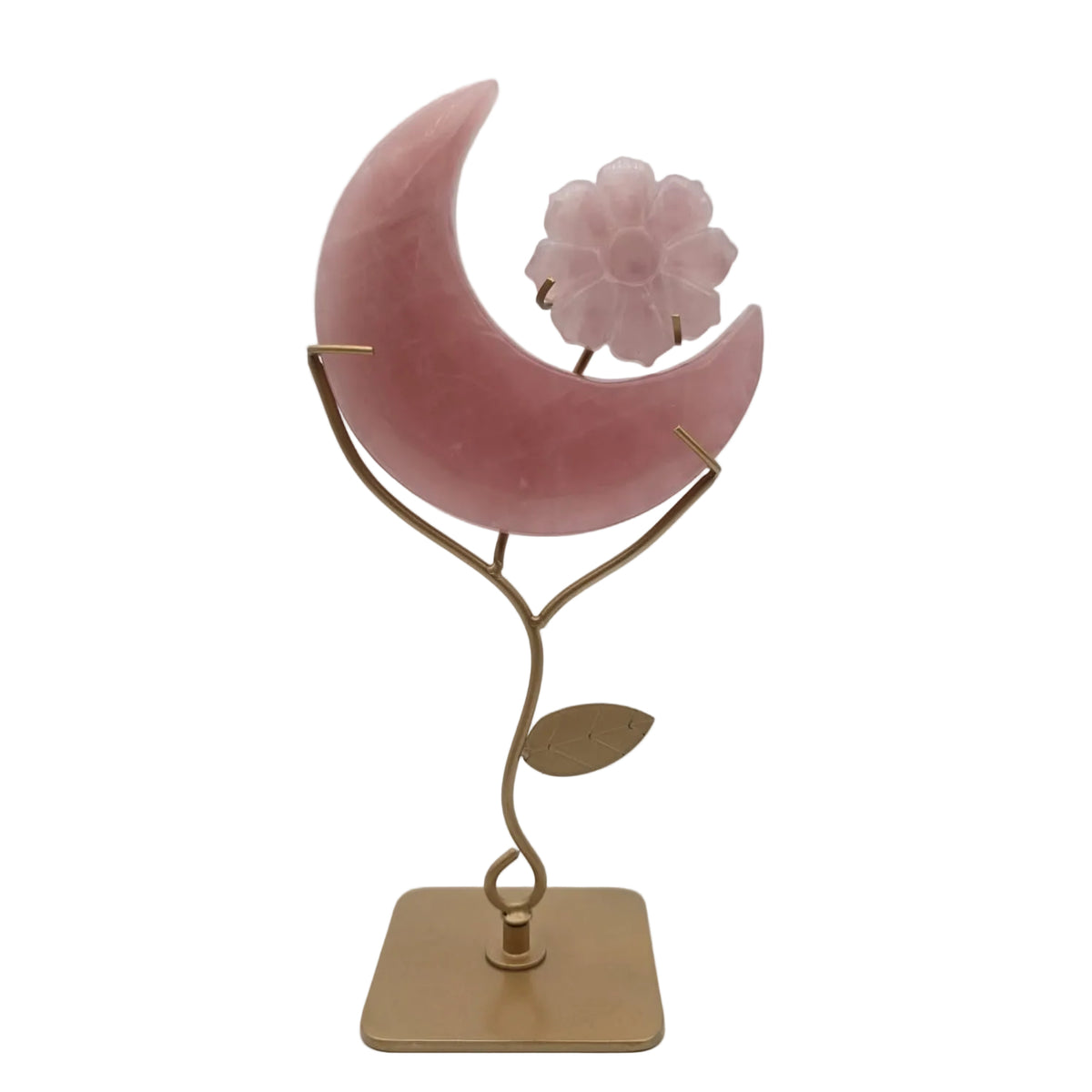 Rosenquarz Mond mit Blume auf Metallständer