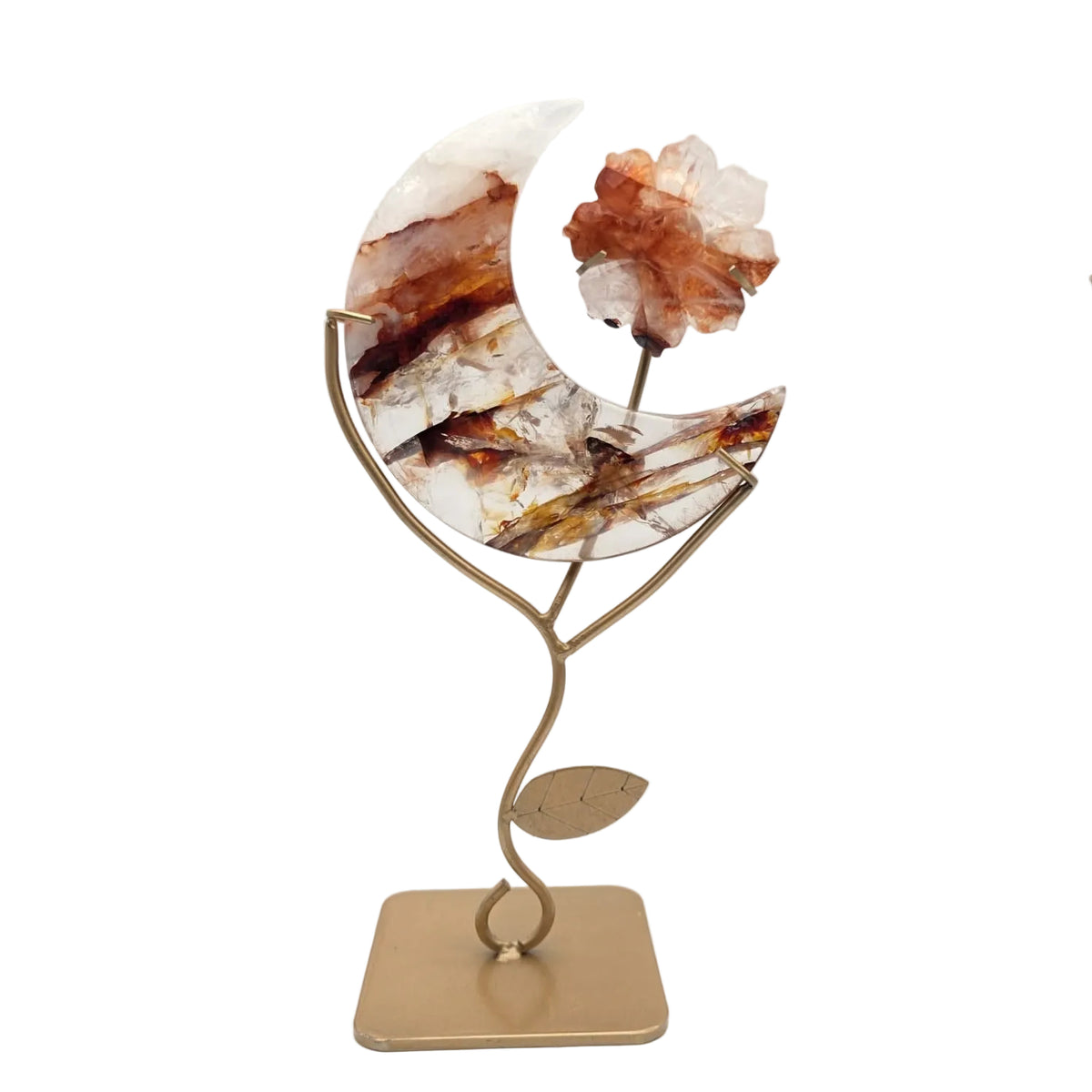 Feuerquarz Mond mit Blume auf Metallständer