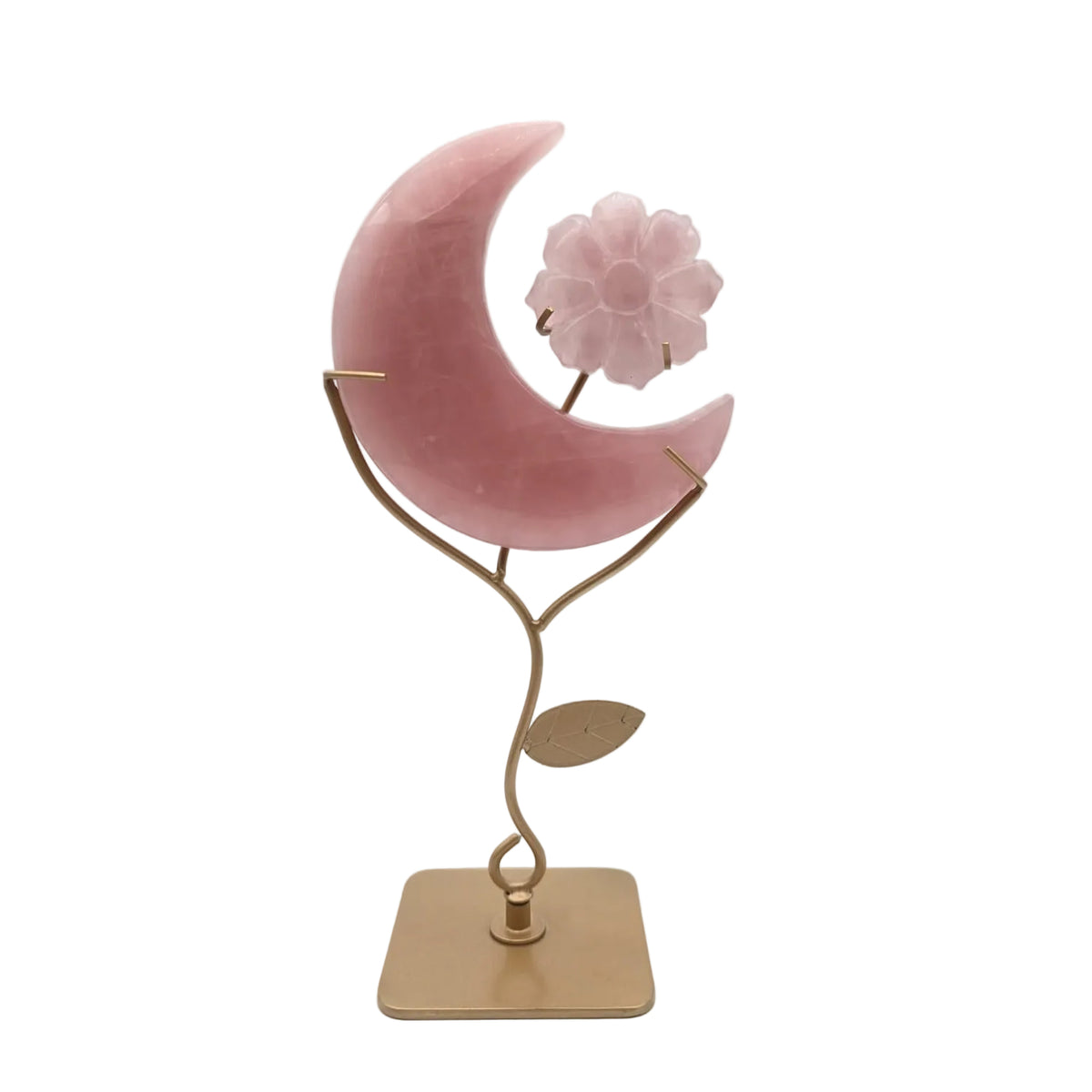 Rosenquarz Mond mit Blume auf Metallständer