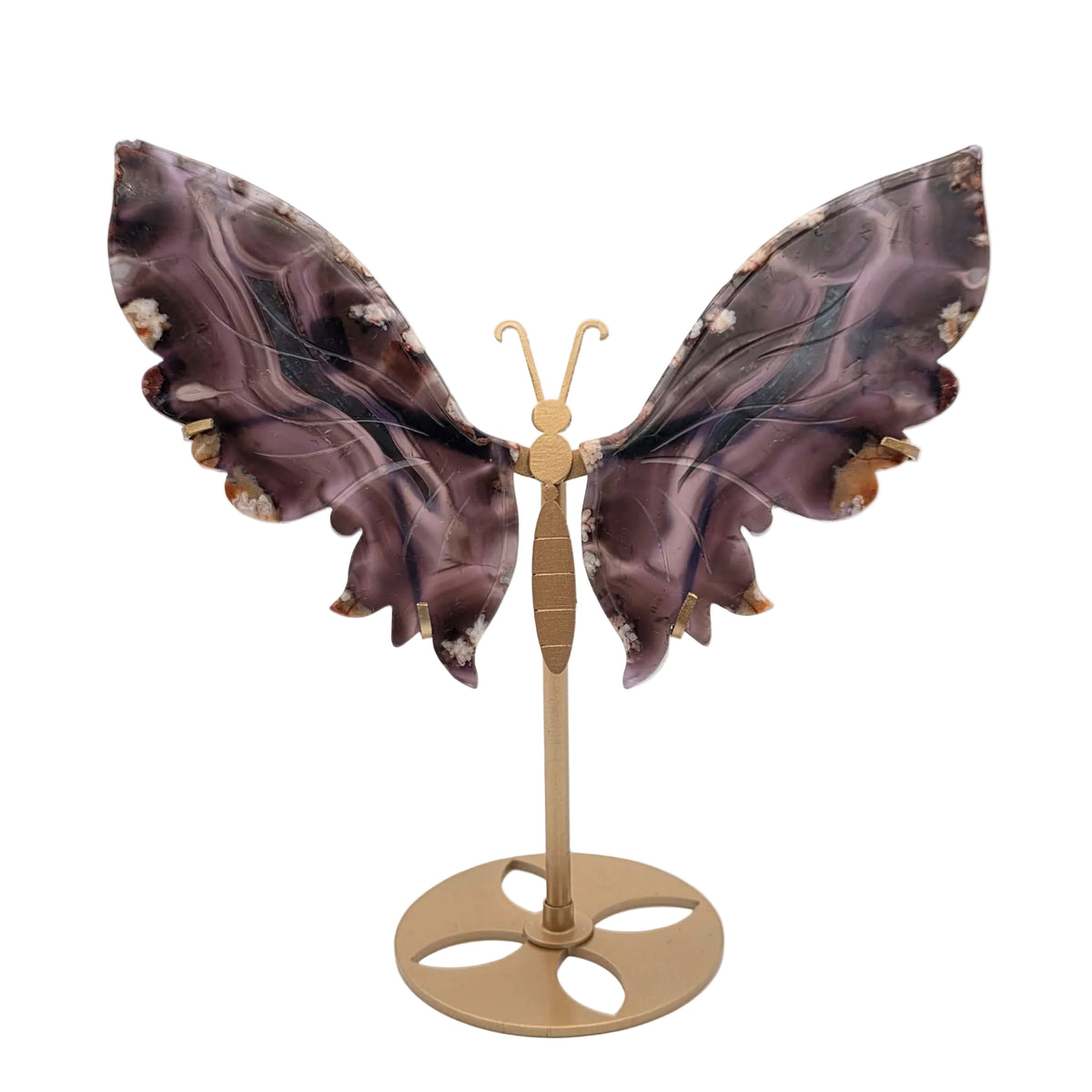 Blauer Blumenachat-Schmetterling auf Metallständer – dekoratives Naturstein-Unikat