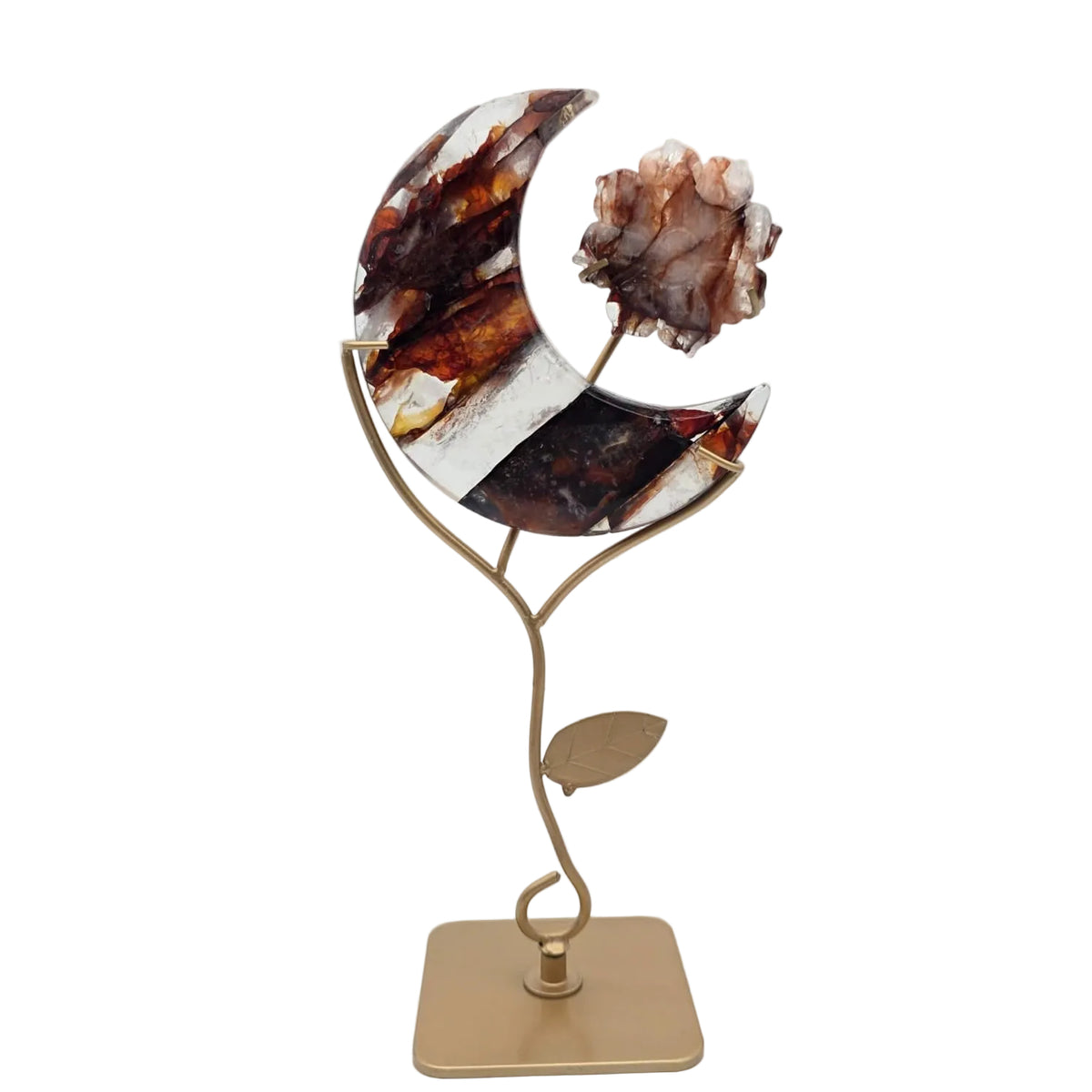Feuerquarz Mond mit Blume auf Metallständer