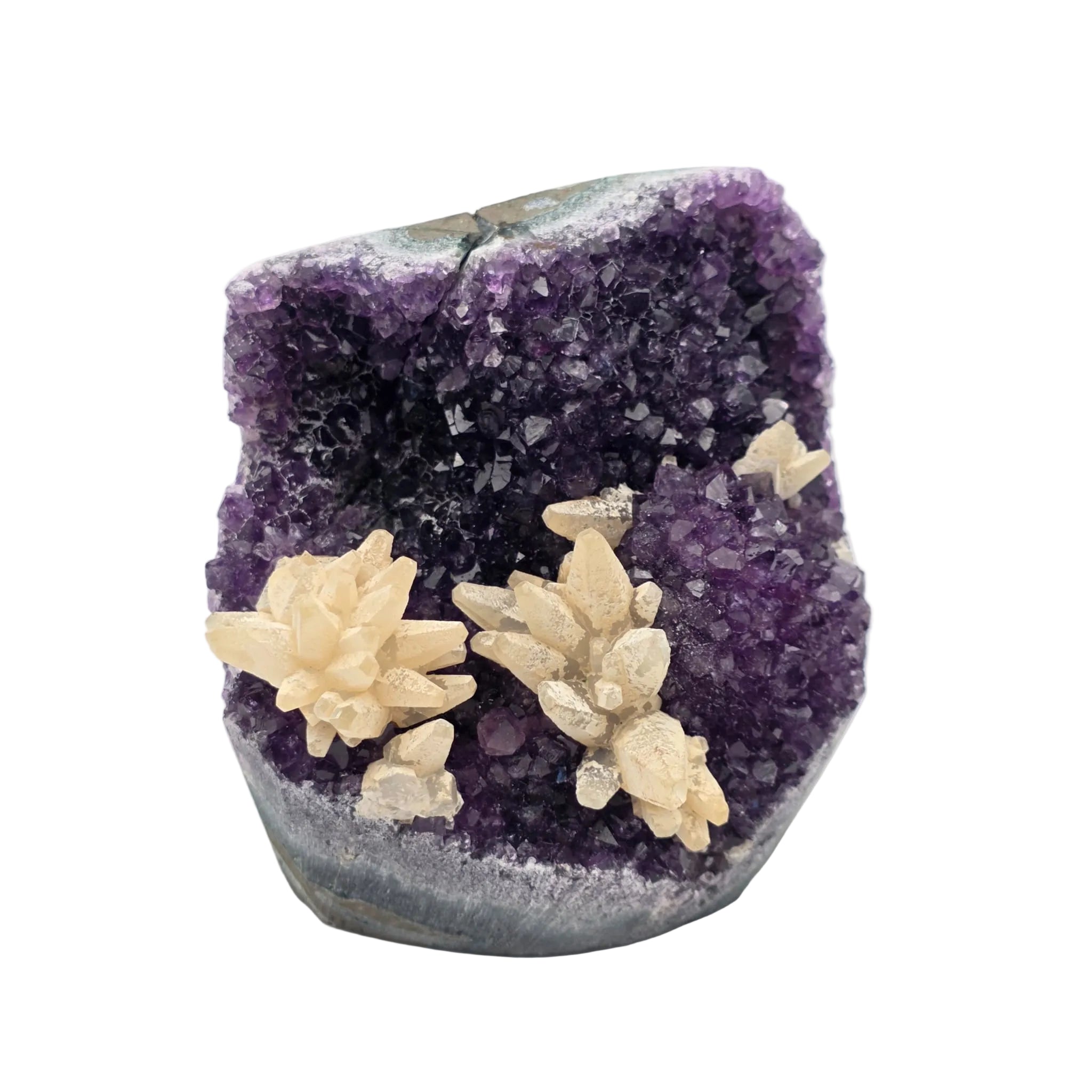 Amethyst-Druse mit Calcit-Blüten