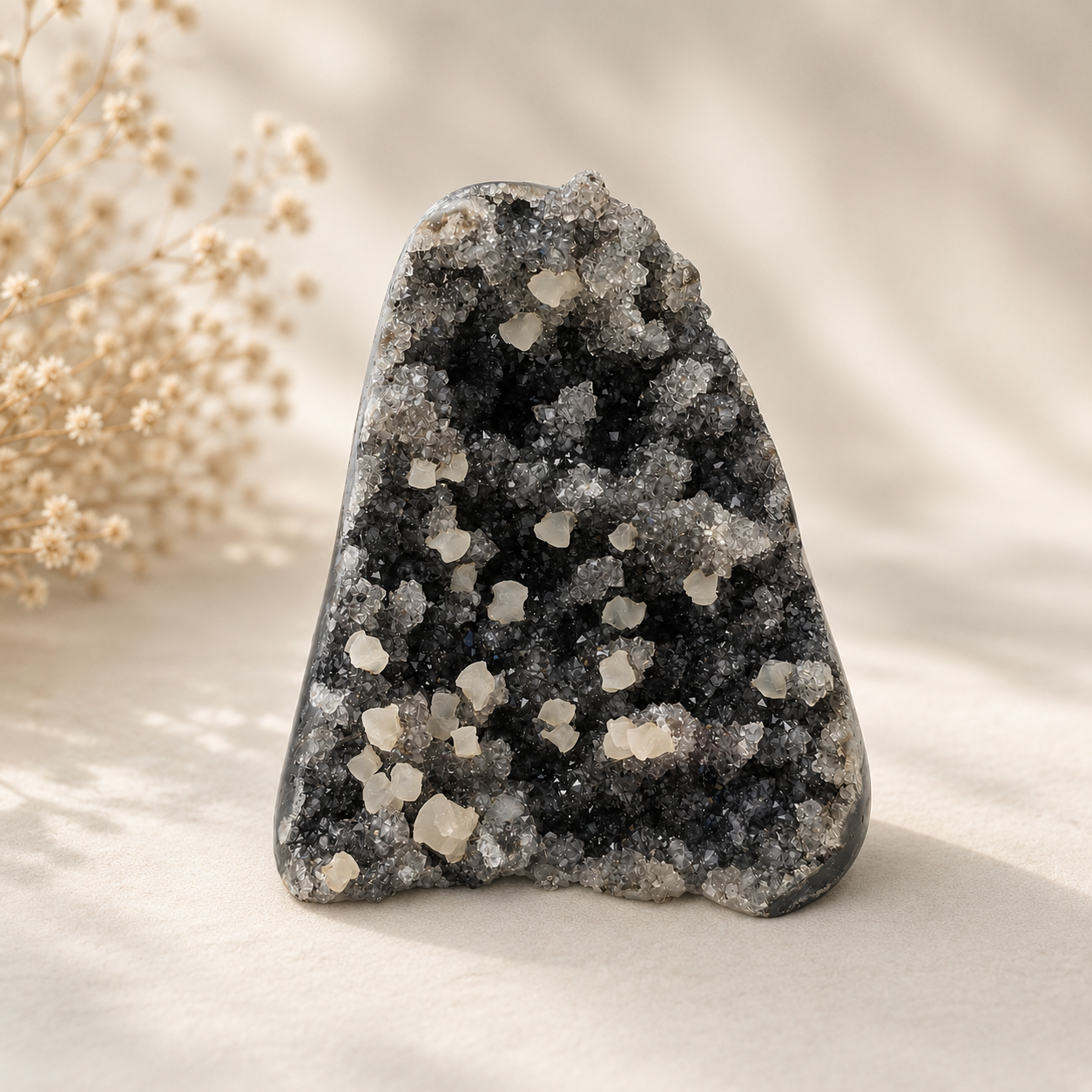 Schwarze Amethyst-Druse mit Calcit