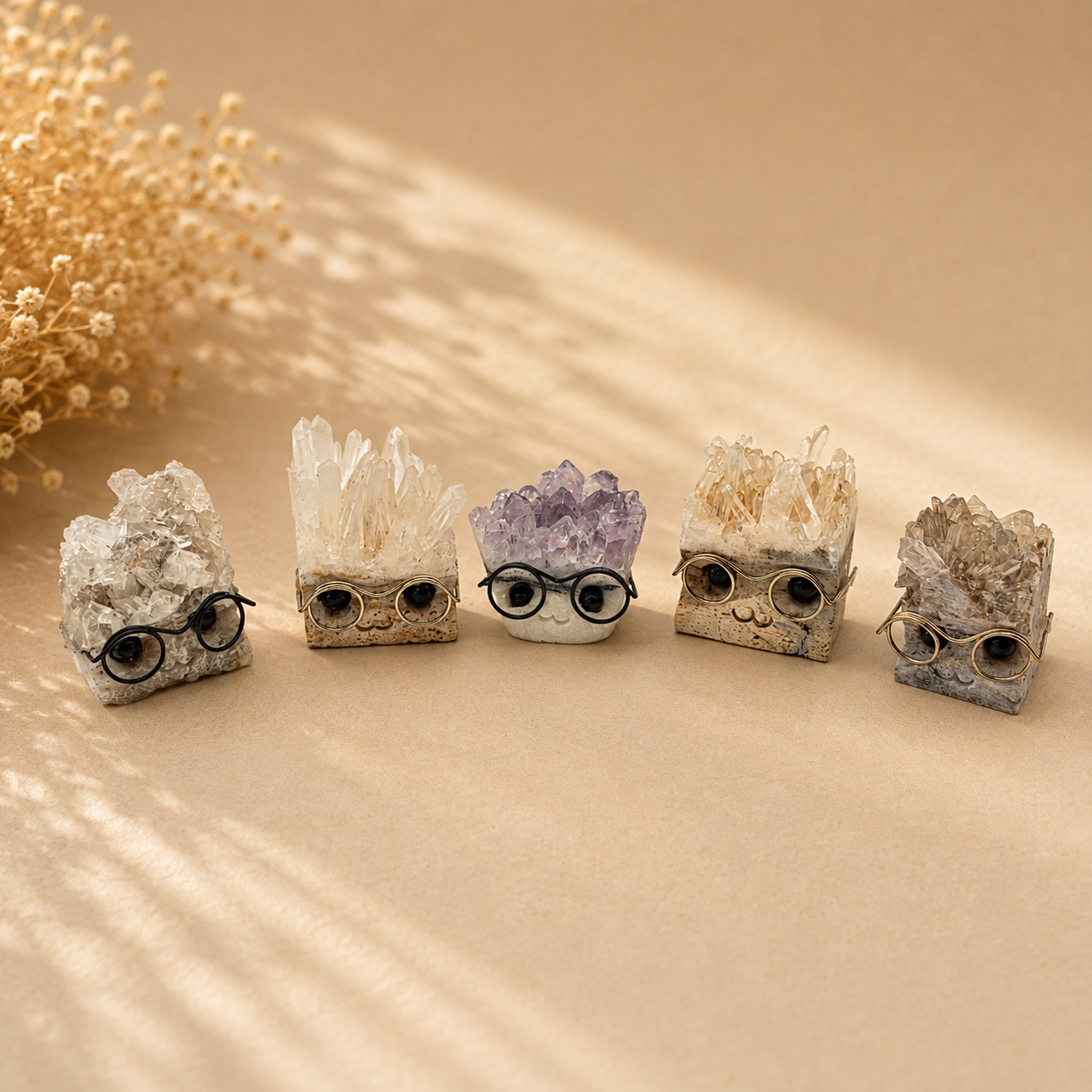Mini Kristall-Drusen mit Brille – verschiedene Mineralien